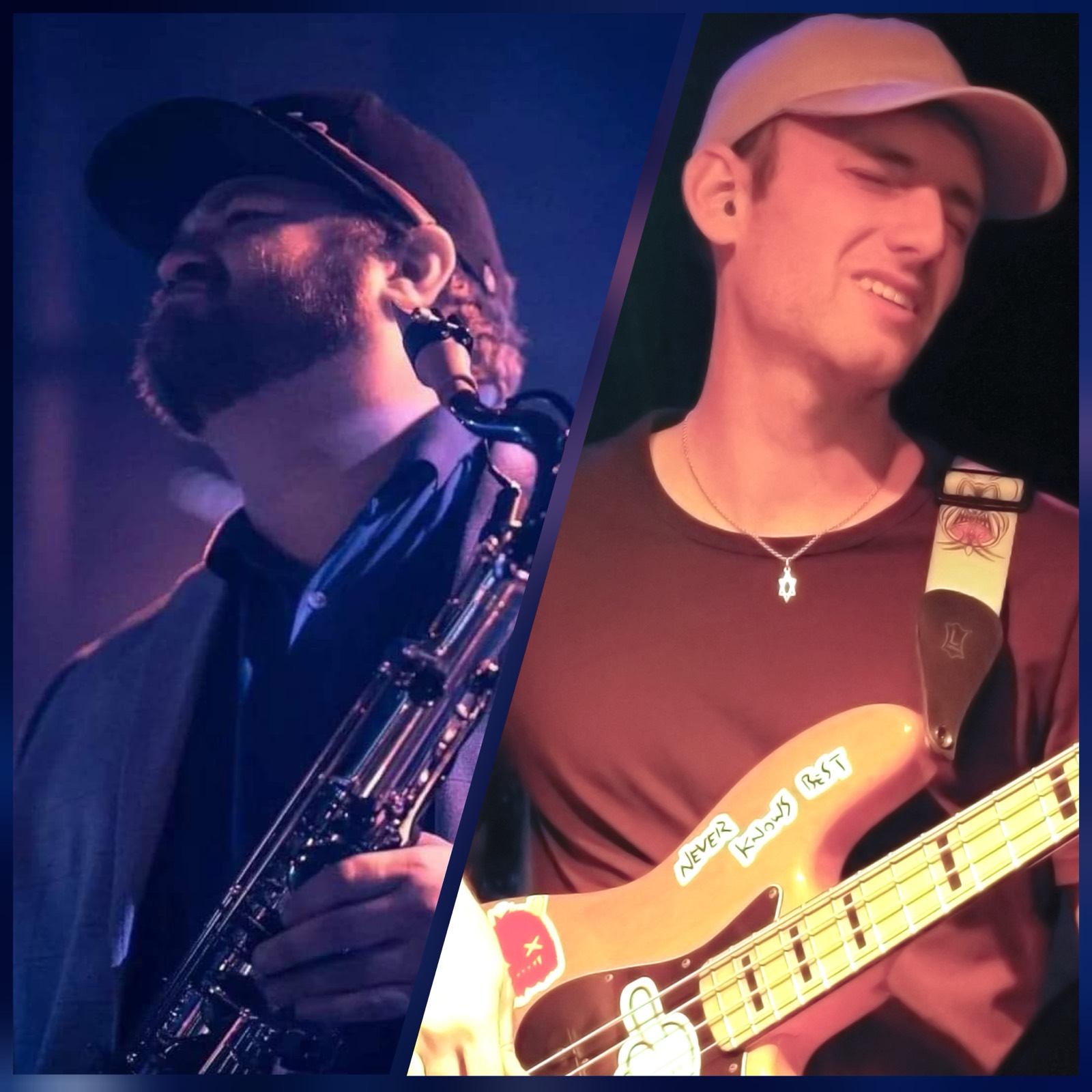 Nate McMahon on tenor saxophone and Jordan Lovinger on stage with Black Hole Boogie Band